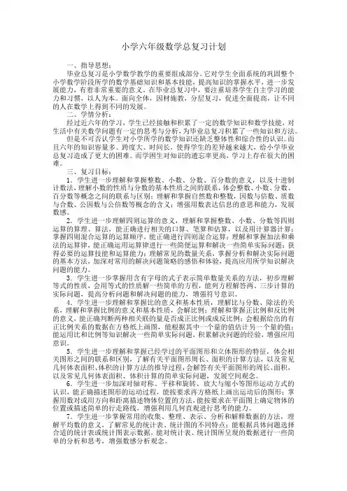 2016小学六年级数学总复习计划