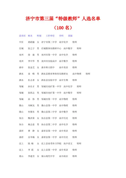济宁市第三届“特级教师”人选名单(2012)