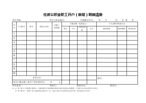 住房公积金职工开户(新增)明细清册