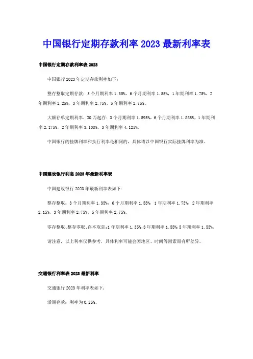 中国银行定期存款利率2023最新利率表