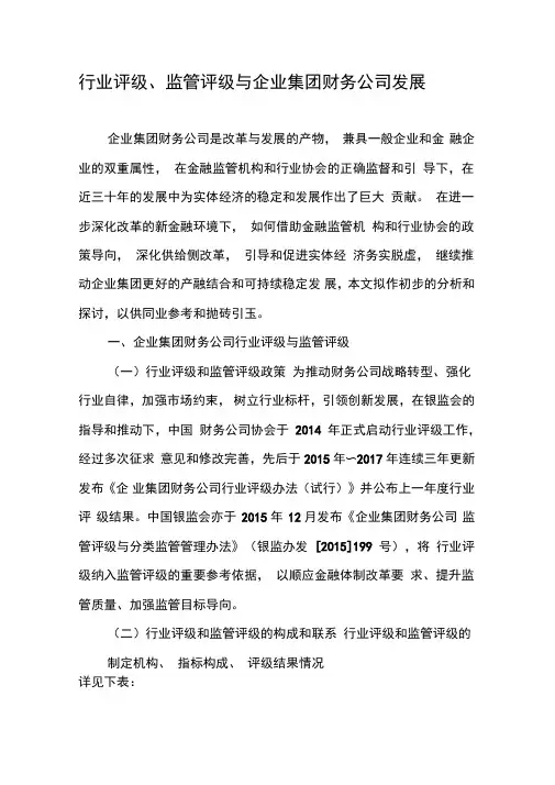 行业评级、监管评级与企业集团财务公司发展