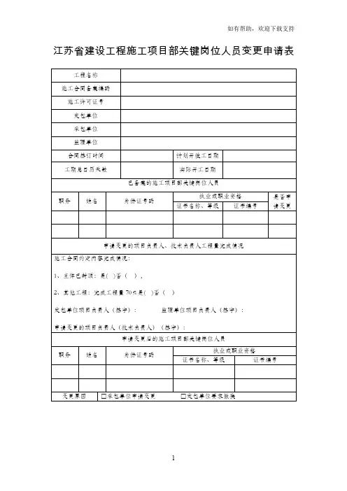 江苏建设工程施工项目部关键岗位人员变更申请表