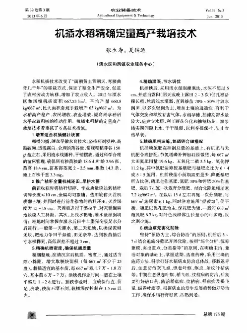 机插水稻精确定量高产栽培技术