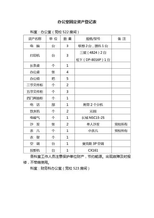 办公室固定资产登记表