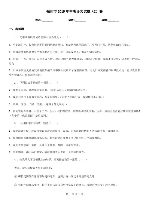银川市2019年中考语文试题(I)卷