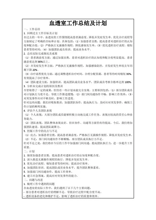血透室工作总结及计划