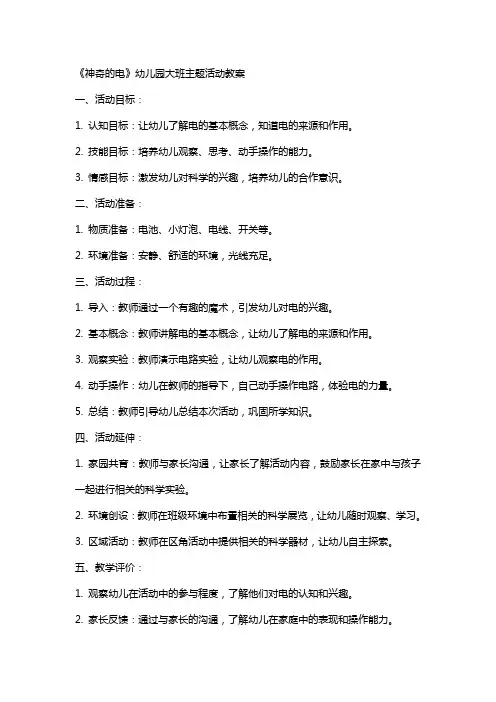 《神奇的电》幼儿园大班主题活动教案