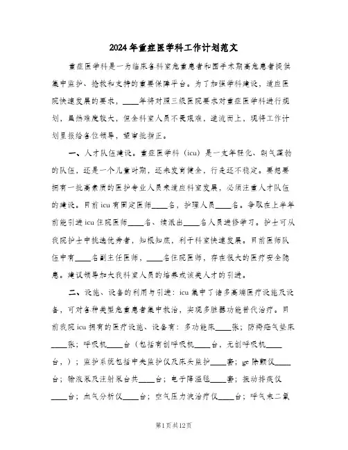 2024年重症医学科工作计划范文(三篇)
