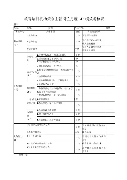 教育培训机构策划主管岗位月度KPI绩效考核表