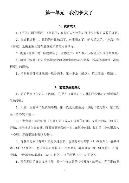 小学六年级科学(苏教版)下册第一单元《我们长大了》知识点整理