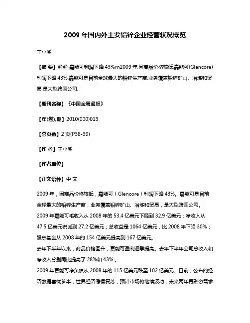 2009年国内外主要铅锌企业经营状况概览