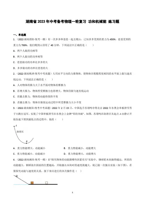 湖南省2023年中考备考物理一轮复习 功和机械能 练习题