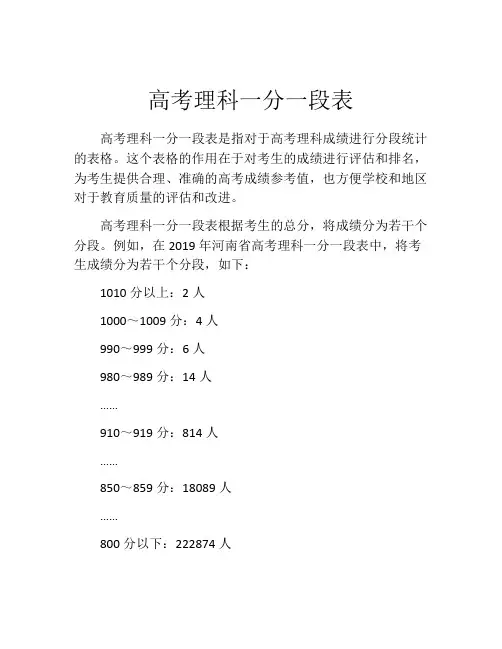 高考理科一分一段表