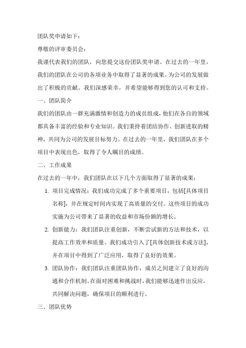 团队奖申请