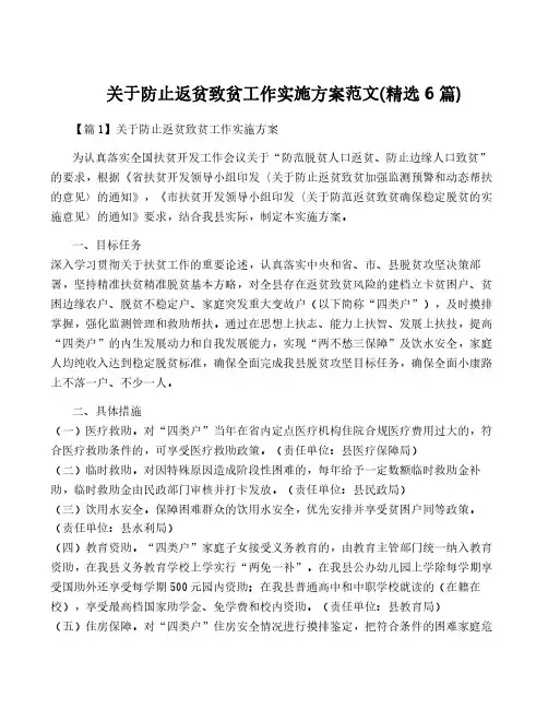 关于防止返贫致贫工作实施方案范文(精选6篇)