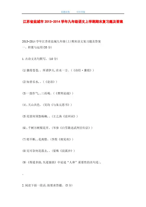 江苏省盐城市2013-2014学年九年级语文上学期期末复习题及答案(word版)