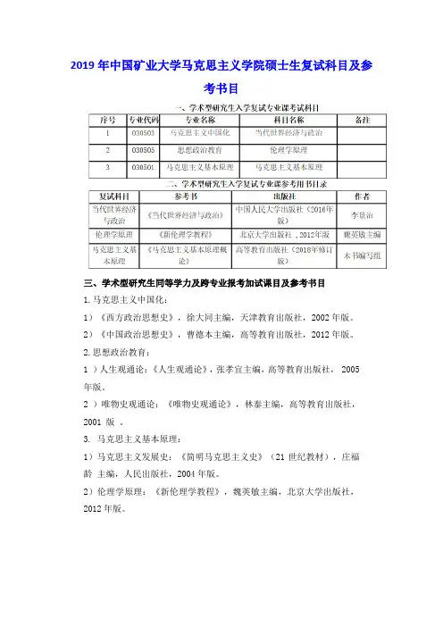 中国矿业大学马克思主义学院2019年硕士生复试科目及参考书目