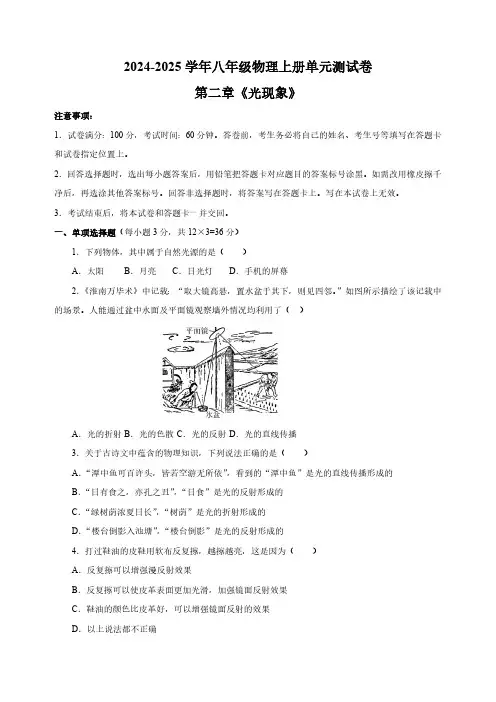 2024-2025学年八年级物理上册第二章《光现象》单元测试卷(苏科版2024新教材)(含解析)