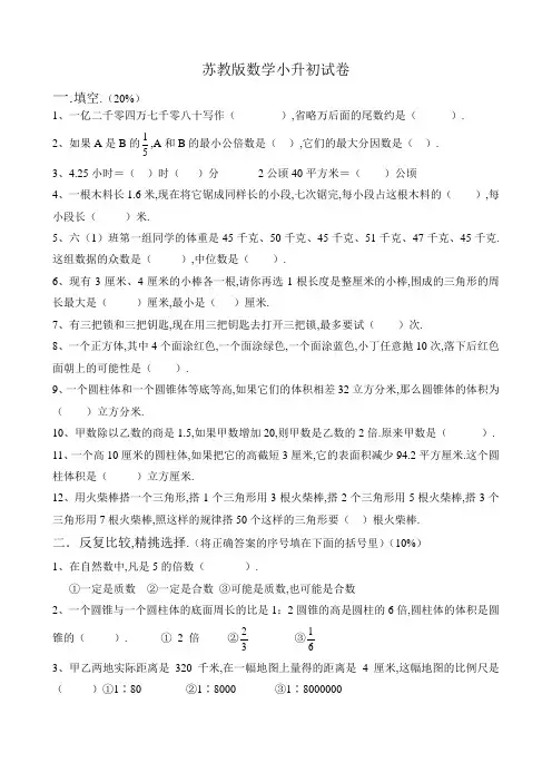最新 2020年苏教版小升初数学试卷(含答案)