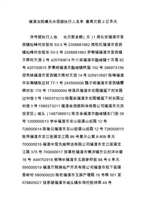 福清法院曝光失信被执行人名单 最高欠款2亿多元