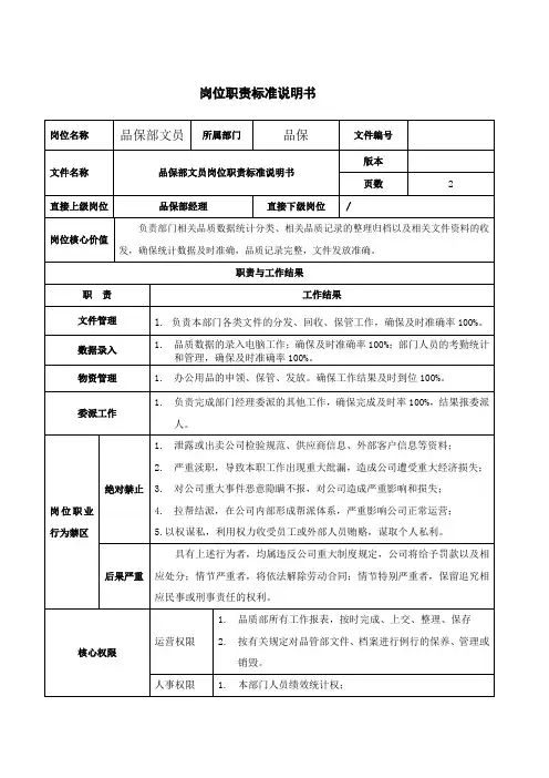 品质部文员岗位职责说明书