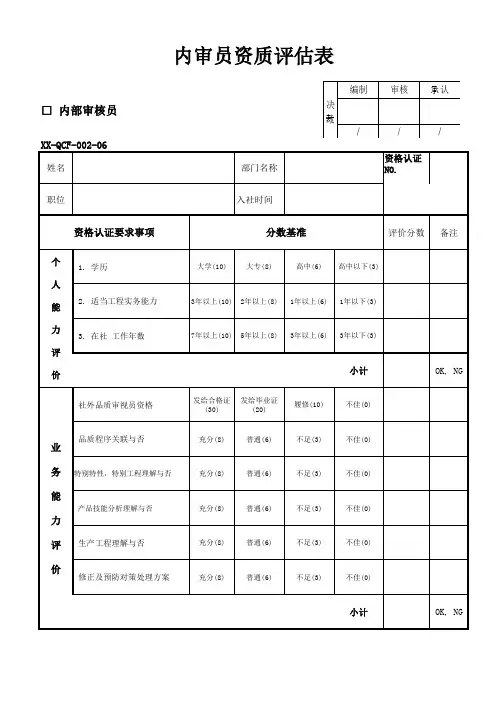 内审员资质评估表