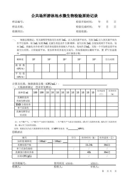 公共场所游泳池水微生物检验记录