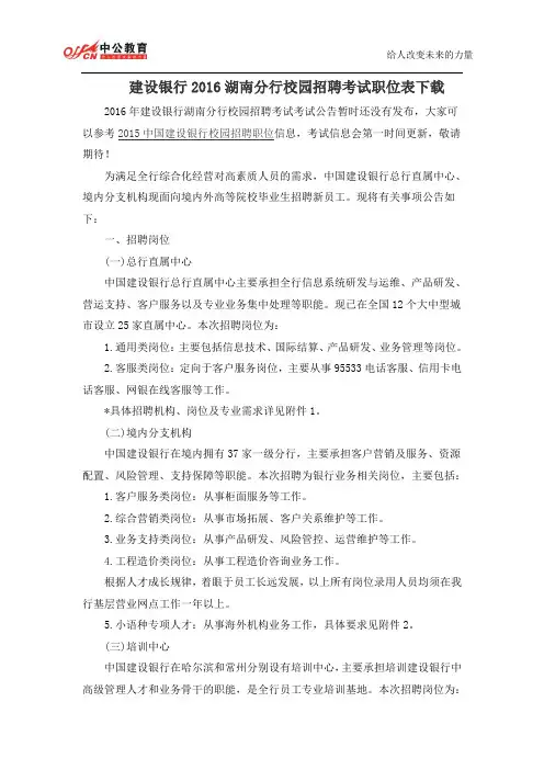建设银行2016湖南分行校园招聘考试职位表下载
