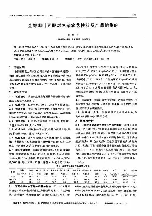 金钾硼叶面肥对油菜农艺性状及产量的影响