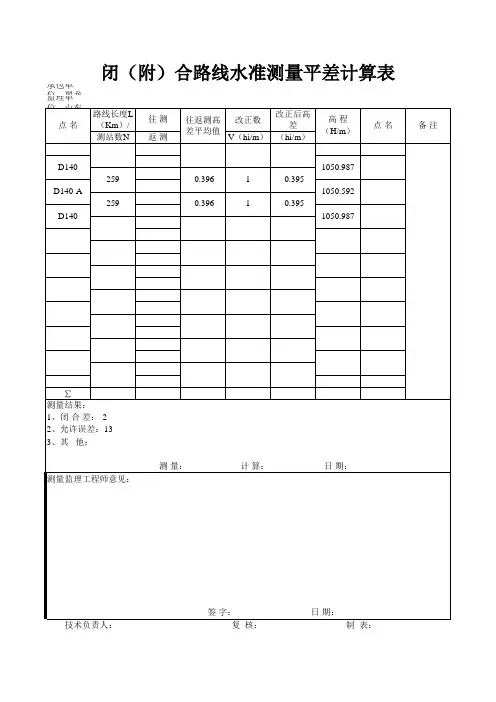 闭(附)合路线水准测量平差计算表