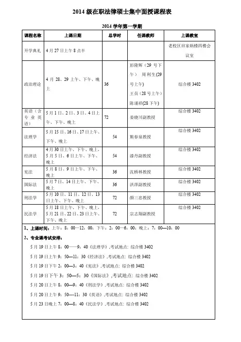在职法律硕集中面授课程表