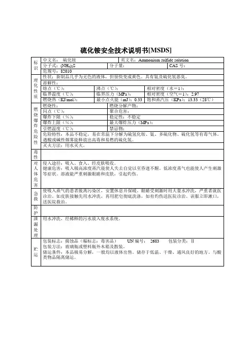 硫化铵安全技术说明书[MSDS]