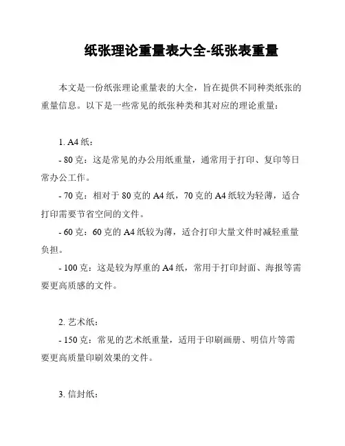 纸张理论重量表大全-纸张表重量