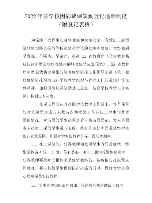 2022年某学校因病缺课缺勤登记追踪制度附登记表格