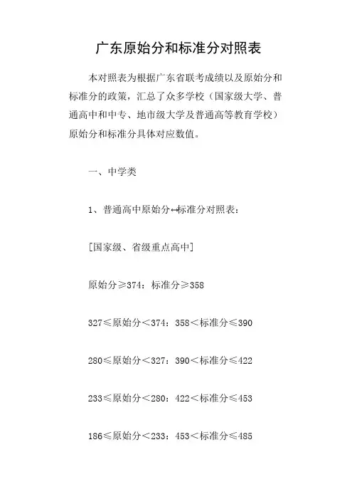 广东原始分和标准分对照表