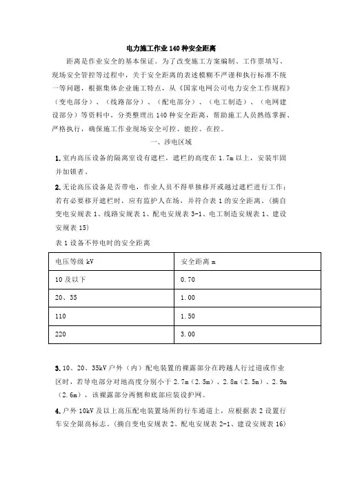 电力施工作业140种安全距离