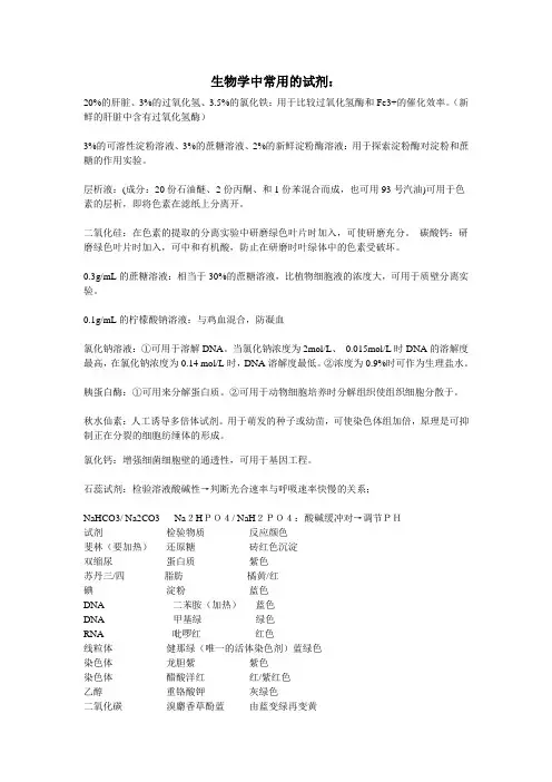 高中生物实验常用的试剂(人教版_很全)