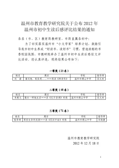 温州市教育教学研究院关于公布2012年 温州市初中生读后感 ...