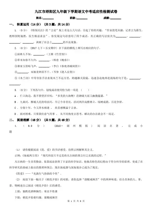 九江市浔阳区九年级下学期语文中考适应性检测试卷