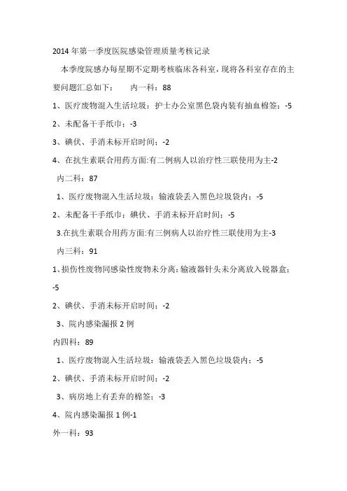 2014年第一季度医院感染管理质量考核记录