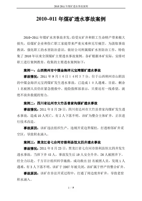 2010-2011年煤矿透水事故案例