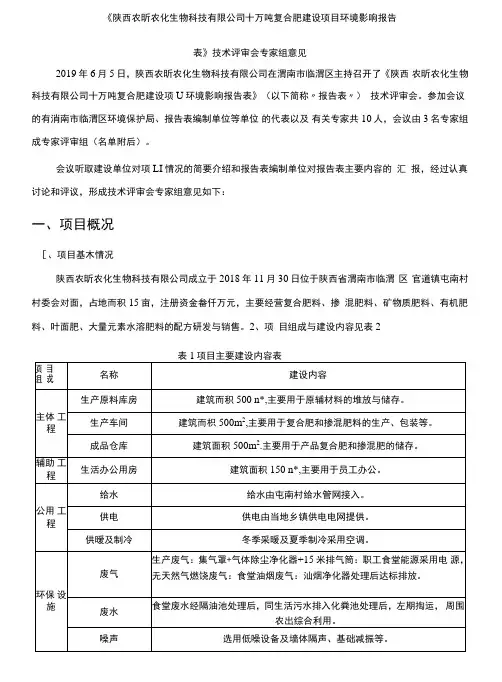 设项目环境影响评价报告表技术评审会专家组意见