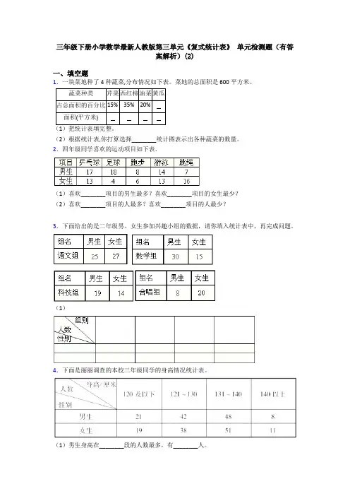 三年级下册小学数学最新人教版第三单元《复式统计表》 单元检测题(有答案解析)(2)
