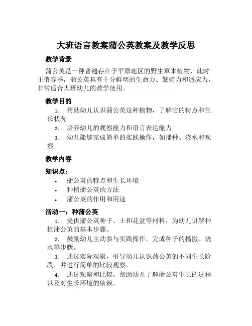 大班语言教案蒲公英教案及教学反思