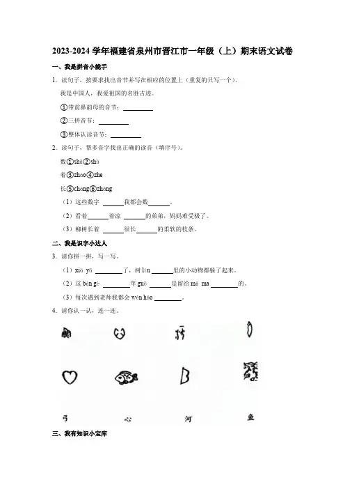 福建省泉州市晋江市2023-2024学年一年级上学期期末语文试卷(含答案)