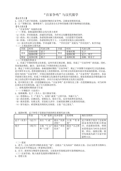 历史人民版必修3专题一第一课百家争鸣与汉代儒学复习教案
