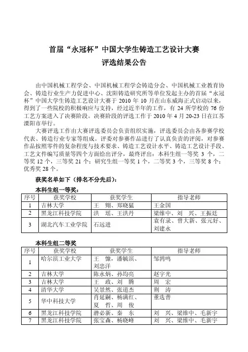 首届“永冠杯”中国大学生铸造工艺设计大赛