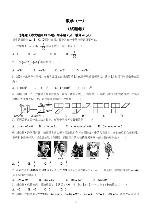 2024年安徽省合肥市多校联考中考一模数学试题(含答案)