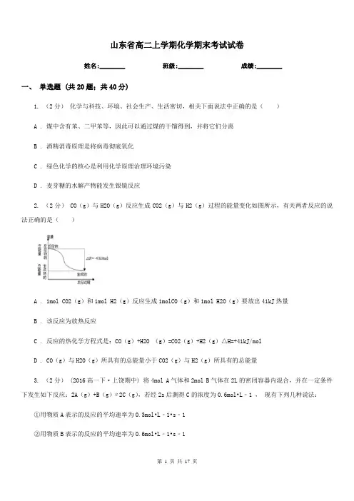 山东省高二上学期化学期末考试试卷