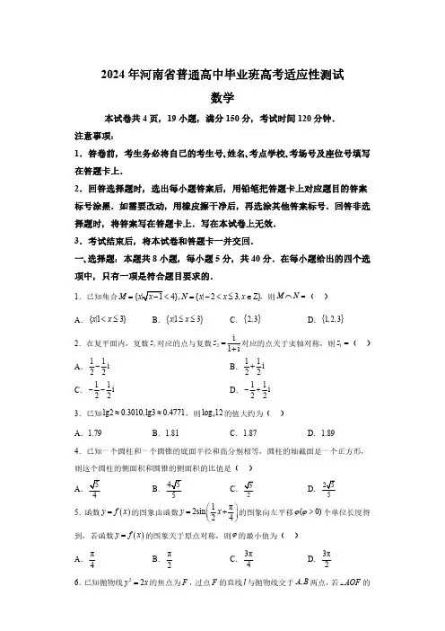 河南省普通高中毕业班2024年高考适应性测试 数学试题(含解析)